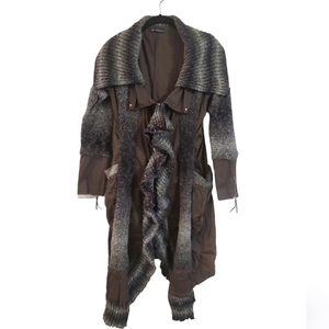 Women's Brown‎ Grey Long Zip Up Ruffled Bohemian Sweater Coat Small